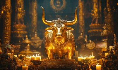 Golden Calf Idol Worship Scene with Ornate Religious Artifacts and Spiritual Atmosphere, Illuminated Bull, Sacred Symbolism, Ritual Ceremony, Divine Worship, Golden Elements, Spiritual Gathering