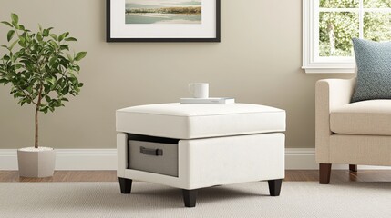Furniture trendy and minimal innovative, A stylish, white storage ottoman with a drawer sits in a cozy living room, complemented by a plant and a comfortable couch.