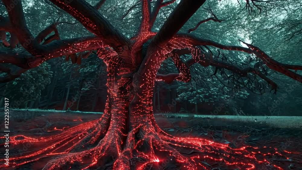 Fototapete a majestic tree stands prominently in a tranquil forest, its roots glowing with vibrant red lights. 