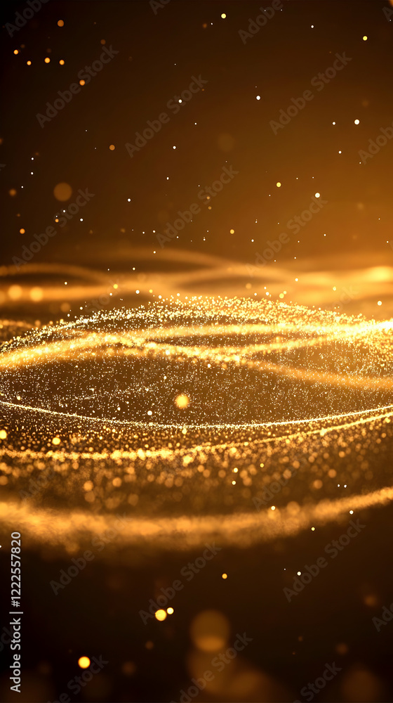Poster golden particles form swirling waves in abstract background with bokeh effect beautifully