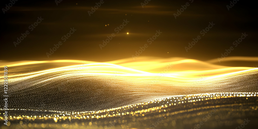 Poster golden particle waves flow elegantly across a dark background, creating a luxurious abstract landsca