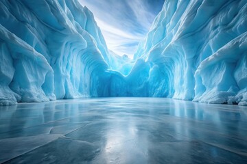Serene Glacial Formation A Breathtaking Vista of Icy Blue Walls and a Smooth Frozen Lake Surface