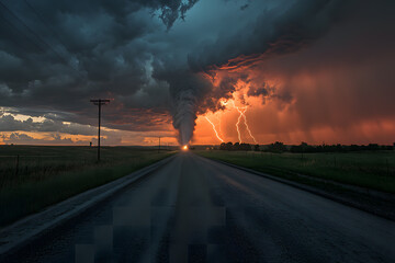 Dramatic Lightning Strike on a Lonely Country Road at Sunset