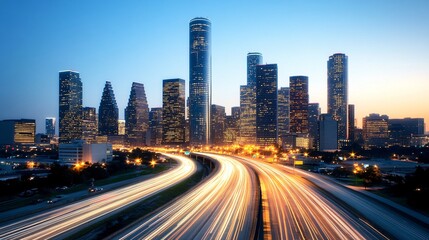 Fototapeta premium A vibrant city skyline at dusk, showcasing tall buildings and light trails from moving vehicles on a busy highway.