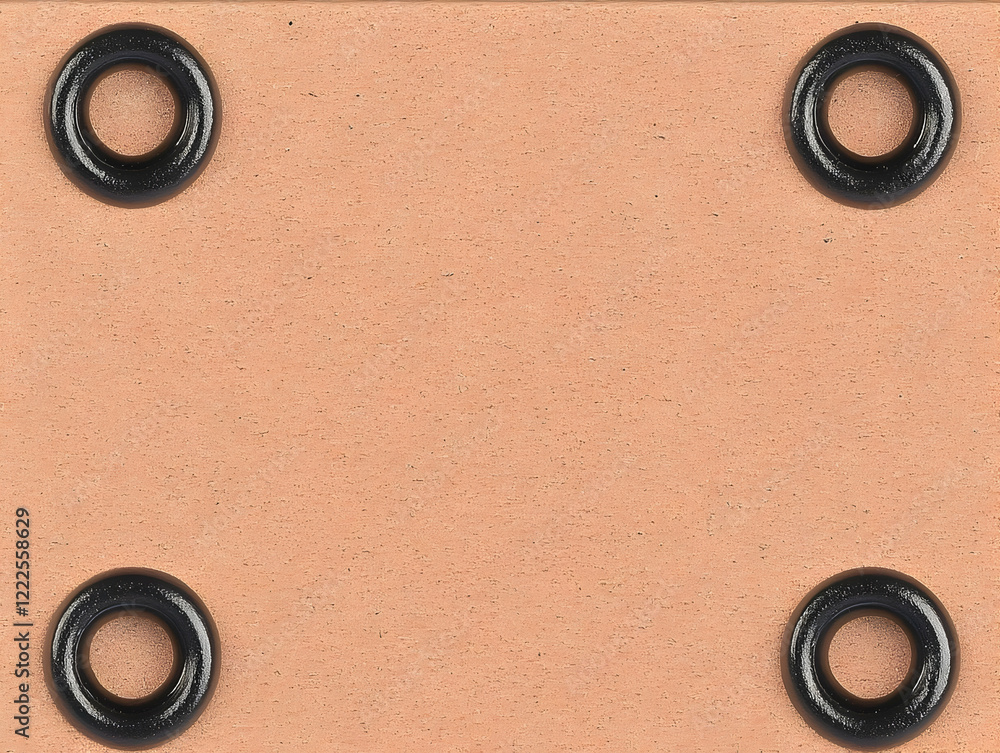 Poster four black grommets on a textured peach background create a simple yet striking visual.