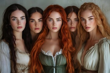 Obraz premium Four beautiful women with different hair colors posing together