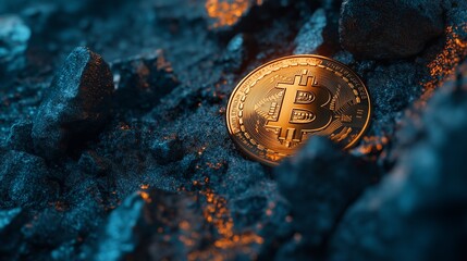 The Bitcoin cryptocurrency coin on a surreal landscape.