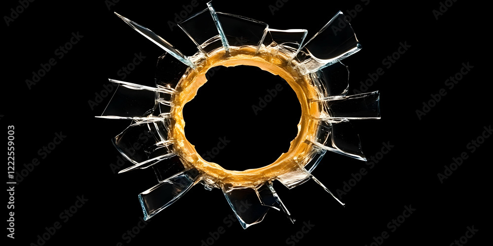 Poster shattered glass creates a circular void on a dark background with illuminated edges.