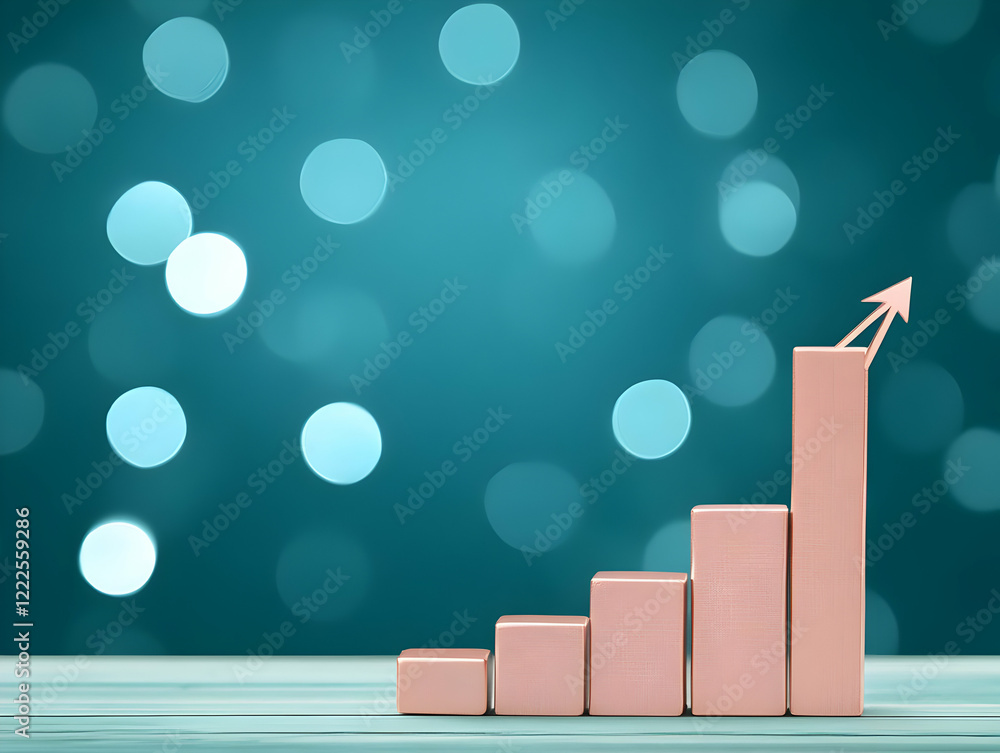 Aufkleber 3d bar graph shows growth progress successfully with upward arrow on teal bokeh background