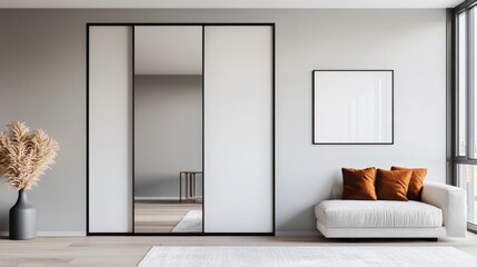 Furniture trendy and minimal innovative, A modern living space featuring a minimalist design, sliding mirrored doors, a cozy sofa with cushions, and a decorative plant.