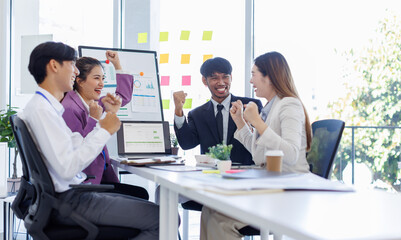 Asian Team work, presentation and meeting with office desk, collaboration and laptop or brainstorming for online project. Employee, working together research on tech for info, coworking and company.