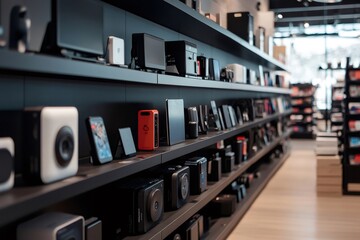 Electronic devices displayed on shelves in modern electronics store