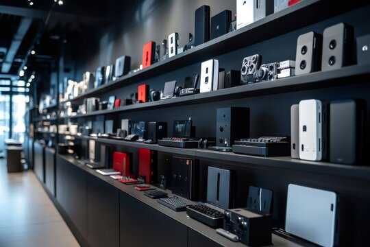 Modern electronic devices displayed on shelves in a retail store setting showcasing cutting edge technology