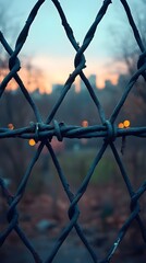 A background of a chain-link fence with blurred city lights in the distance.