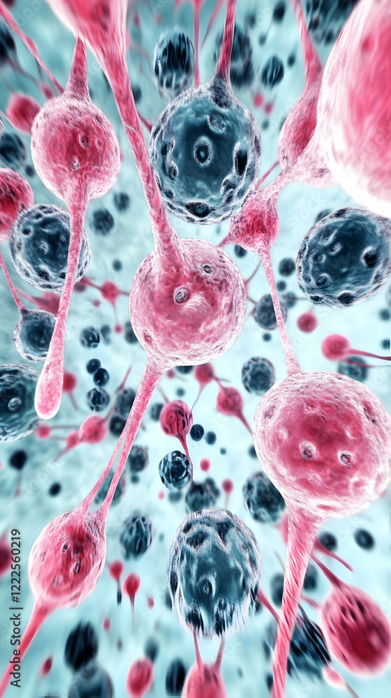 Poster 3d illustration of cells with stems connecting in a complex network background