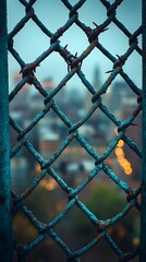 Fototapeta premium A background of a chain-link fence with blurred city lights in the distance.