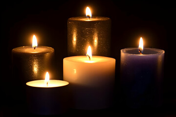 Five Lit Candles Emit a Warm Glow in the Darkness Against a Black Background