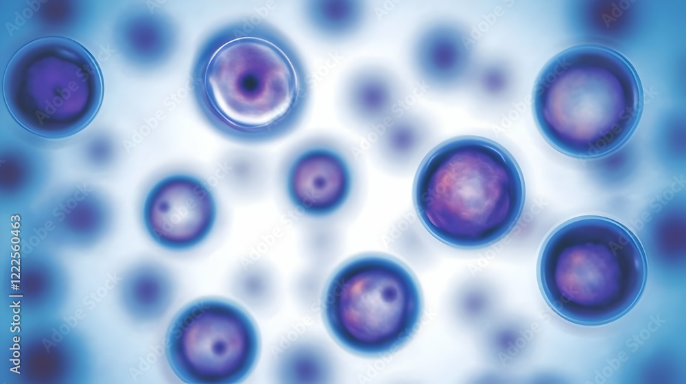 Poster microscopic cells float and multiply in a scientific visualization, depicting biological processes