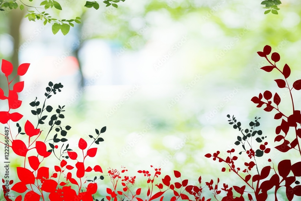 Poster elegant red and green floral background with soft bokeh effect