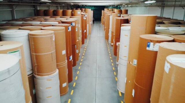 Paper industry, huge warehouse of paper rolls for production of cardboard packaging. Production of paper for ecological biodegradable packaging from recycled materials. Kraft paper rolls, drone view.
