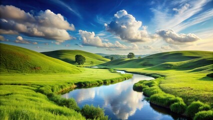 Serene Landscape Featuring a Meandering River Through Rolling Green Hills Under a Vivid Sky