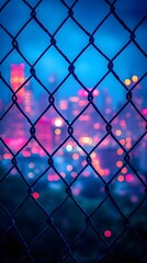 Fototapeta premium A background of a chain-link fence with blurred city lights in the distance.