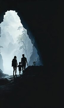 Silhouette family coming out of dark cave. Generative ai