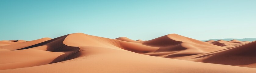 A wide and ethereal desert scene drenched in the mellow light of morning or sunset.