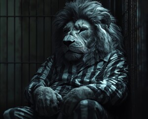 Fierce Lion Wearing Prisoner Uniform Seated in Dimly Lit Cell Captive Animal Criminal Concept