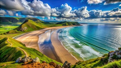 Rhossili Bay's dramatic cliffs and golden sands offer breathtaking coastal views.