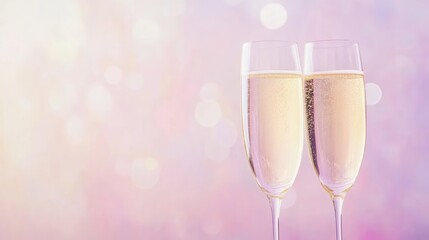 Glasses of champagne on bright background with bokeh effect