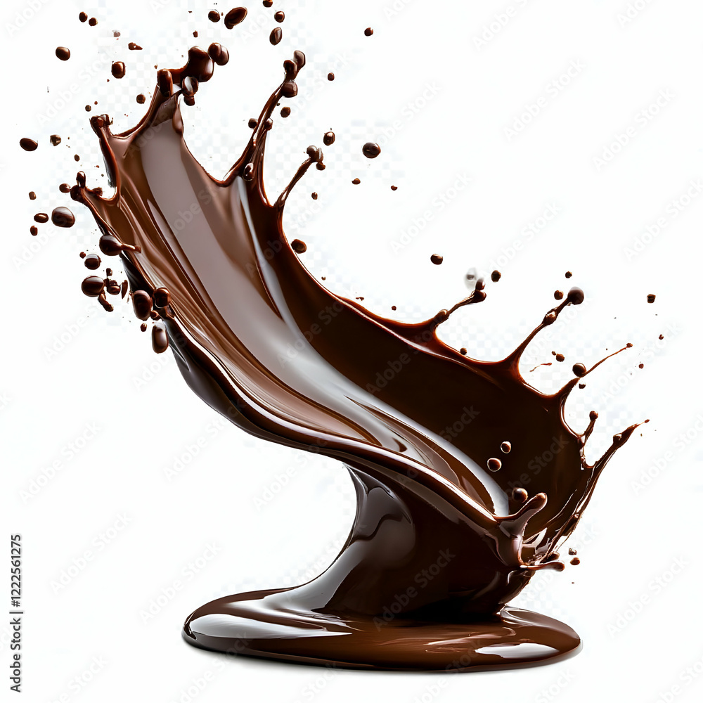 Poster liquid chocolate splash forms an elegant swirl with dynamic droplets on white background