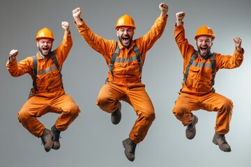 Three excited construction workers jumping and celebrating success wearing orange uniform and hardhat