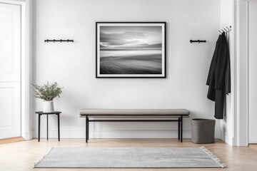 Calm beach scene framed art in minimalist hallway entryway