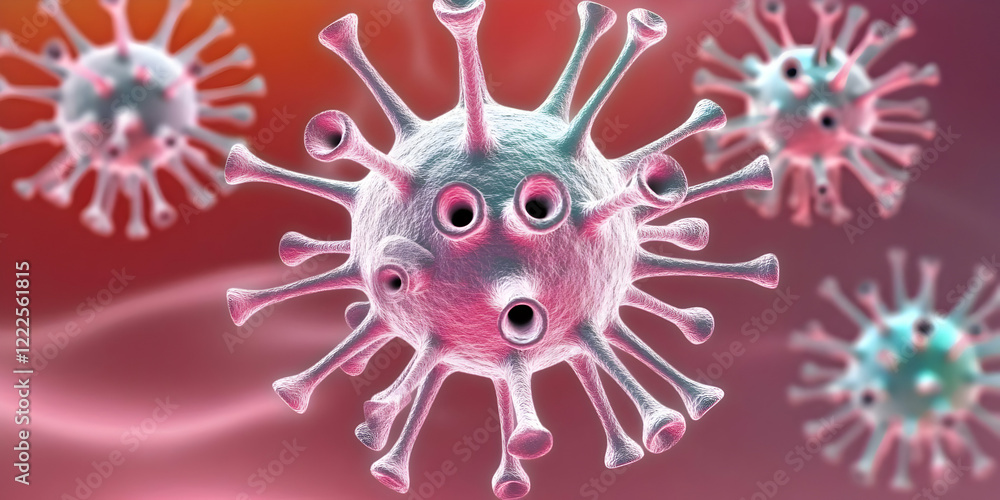 Poster microscopic view of virus particles with surface projections on a soft pink background