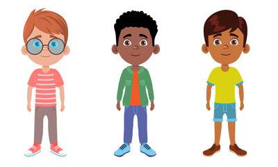 Cute cartoon children's characters. Boys with different skin colors of 8-10 year olds