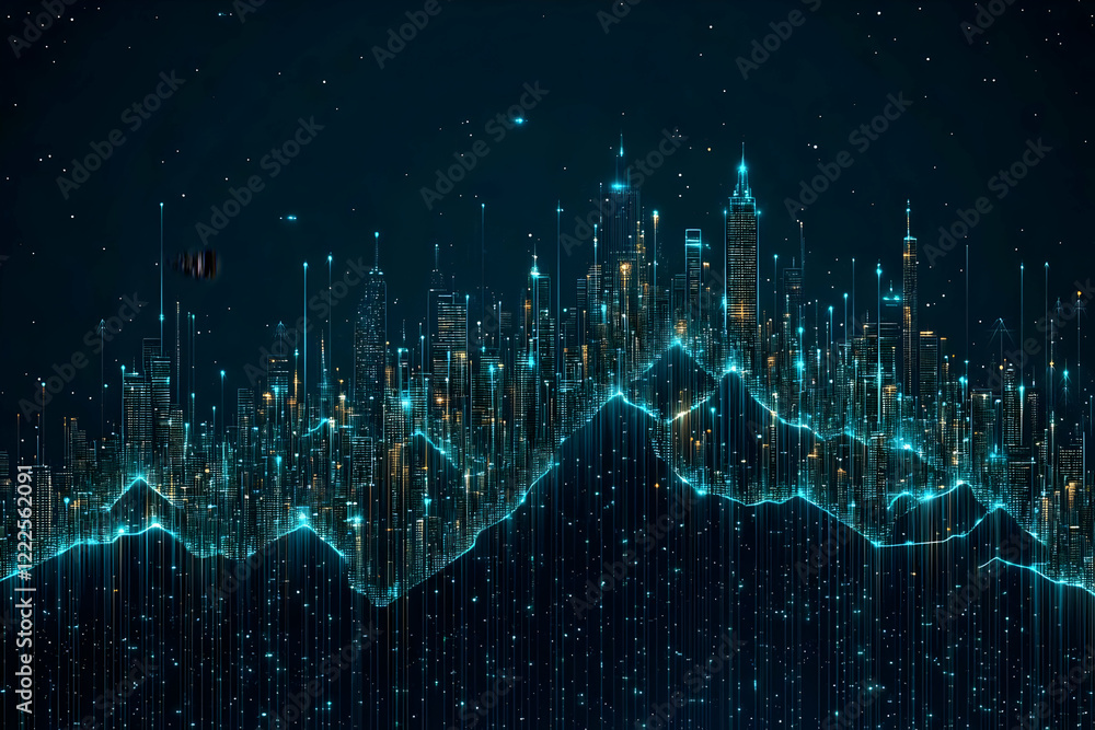Aufkleber futuristic cityscape with glowing lines and data visualization in dark background