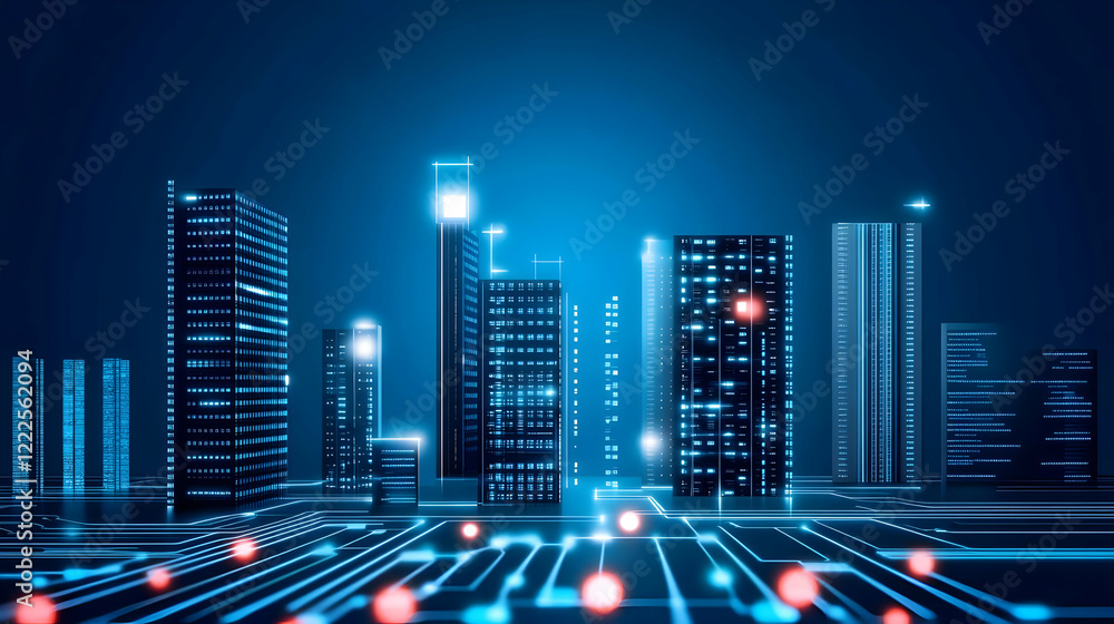 Poster futuristic cityscape connects buildings with glowing circuitry seamlessly in 3d rendering
