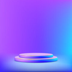 Empty podium or pedestal with steps. On modern neon light background. Vector illustration