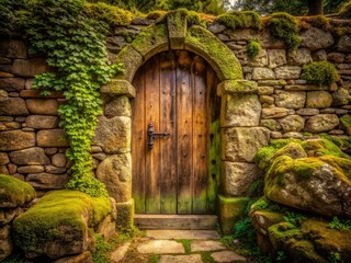 Fototapeta premium Rustic charm meets history: ancient wooden door, stone wall, a captivating travel destination.