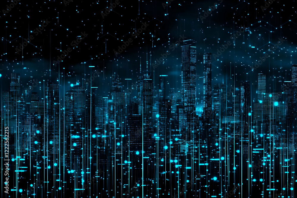 Poster futuristic cityscape with glowing lines and dots representing data flow and connectivity at night