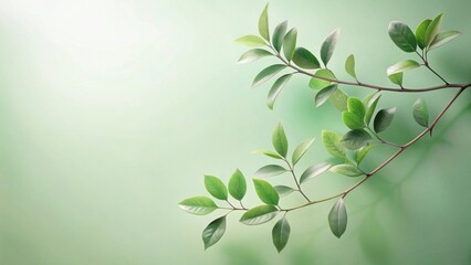 Serene Springtime Branch with Vibrant Green Leaves Against a Soft, Pastel Background