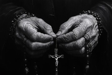 Nun praying holding rosary with crucifix in black and white