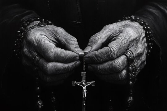 Nun praying holding rosary with crucifix in black and white - Powered by Adobe