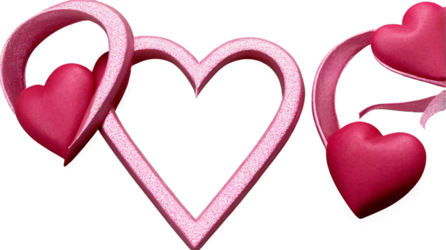 Pink 3D hearts and frames intertwined on a transparent background
