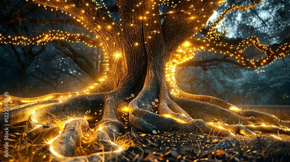 Aufkleber a majestic tree with intricate roots is beautifully adorned with warm glowing lights, creating a mag