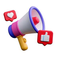 Megaphone with social media promotion isolated on transparent background, 3d cartoon style illustration, 300dpi, png file