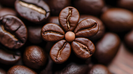 Naklejka premium Roasted Coffee Beans Arranged in a Flower Shape on a Bed of More Coffee Beans, Close-Up View