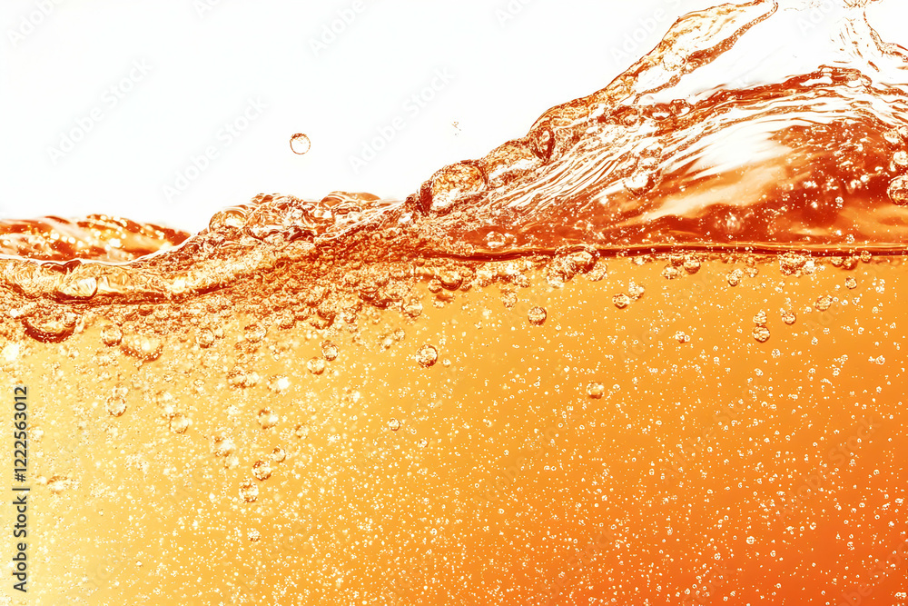 Poster orange liquid splashes and forms bubbles against a clean white background dynamically.