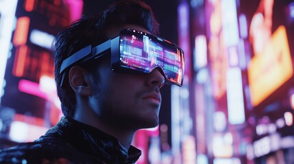 Obraz premium man wearing VR glasses in a busy city neon lights